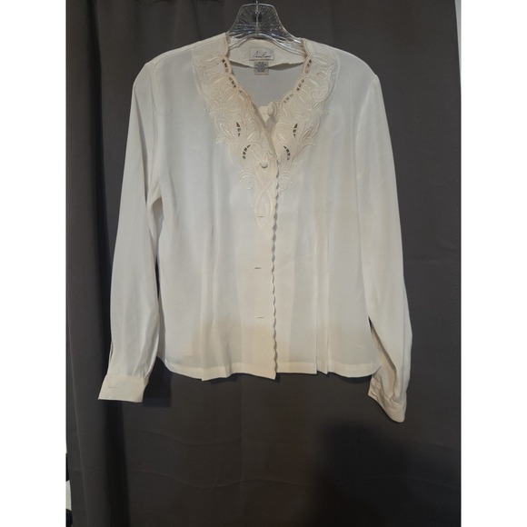 Tops - Anne Larson Cream Embellished Button Up, Women's Petite Small, Career Blouse Top